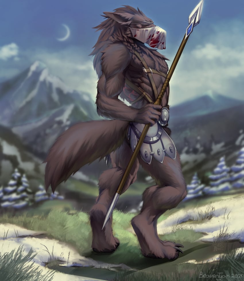 animal_genitalia anthro armor beavertyan black_body black_fur black_tail blood bodily_fluids braided_hair canid canine canis clawed_fingers claws digitigrade fur genitals goggles_on_face hair harness hi_res holding_object holding_weapon male mammal mask melee_weapon mountain muscular muscular_anthro muscular_male plant polearm rukai_(rukai_werewolf) sheath snow solo spear tail toe_claws tree weapon were werecanid werecanine werewolf wolf