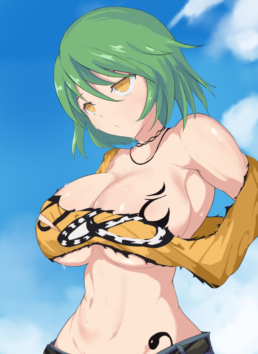 1girls 2023 ashino bangs bare_shoulders belt cleavage cloud female green_hair half-closed_eyes hikage_(senran_kagura) large_breasts light-skinned_female light_skin marvelous medium_hair midriff navel necklace outside pants ripped_clothing senran_kagura sky slit_pupils solo standing straight_hair yellow_eyes