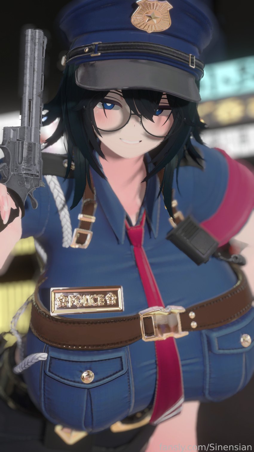 3d blue_eyes female firearm gigantic_breasts gun holding_weapon huge_breasts midriff police_uniform revolver sinensian sinensian_(character) skirt smile smiling tagme thick_thighs thighhighs tie upskirt voluptuous voluptuous_female vrchat vrchat_avatar vrchat_media vrchat_model