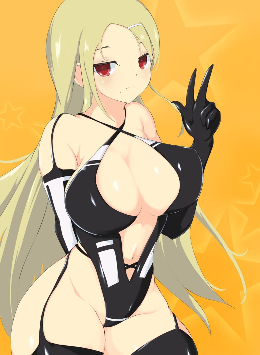 1girls 2023 ashino beauty_mark blonde_hair cleavage elbow_gloves female front_view garter_straps large_breasts latex light-skinned_female looking_at_viewer marvelous midriff navel orange_background peace_sign red_eyes senran_kagura shiki_(senran_kagura) simple_background smile solo standing star straight_hair thick_thighs thighhighs very_long_hair