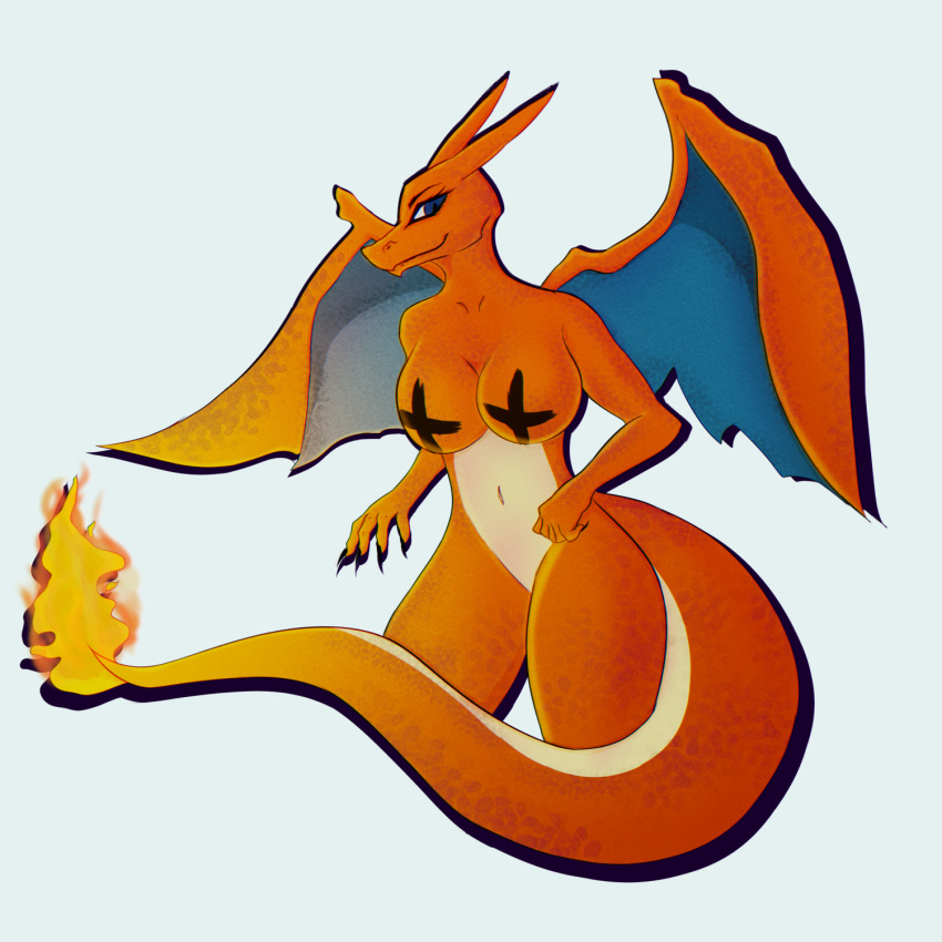 anthro blue_eyes breasts charizard claws darkito420 dragon dragon_girl dragon_wings female fire flaming_tail generation_1_pokemon horn long_tail nintendo orange_body orange_skin pokemon pokemon_(species) solo tail wings