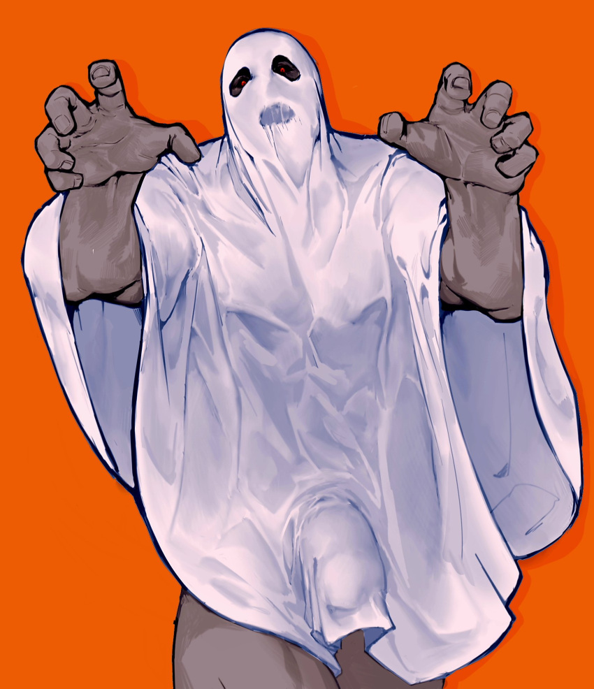 1boy 2023 bara barazoku bulge costume gay ghost ghost_boy ghost_penis halloween halloween_costume hi_res highres holidays looking_at_viewer male male_focus male_only manly penis_outline solo solo_male yaoi