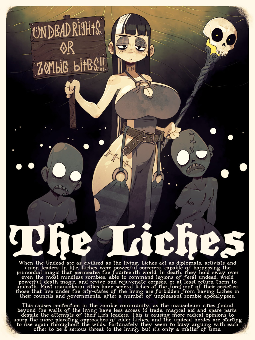 1girls black_hair english_text female half-closed_eyes holding_object holding_sign huge_breasts jack_cayless loincloth looking_at_viewer sign skull solo stiches thick_thighs white_hair wide_hips zombie zombie_girl