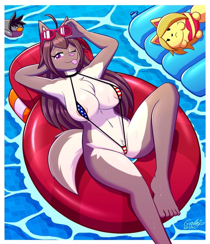 ahoge anthro areola areola_slip big_breasts bikini blep blush breasts canid canine canis chest_tuft clothing exposure_variation eyewear female floatation_device fluffy fluffy_tail fur galajo grey_body grey_fur hair hi_res long_hair looking_at_viewer mammal mira_(galajo) multicolored_body multicolored_fur one_eye_closed pink_nose pool pool_float pool_toy purple_eyes red_eyewear red_sunglasses skimpy_bikini sling_bikini solo_focus stars_and_stripes sunglasses swimwear tail teasing teasing_viewer thick_thighs tongue tongue_out tuft two_tone_body two_tone_fur united_states_of_america water were werecanid werecanine werewolf wet wet_body wet_fur white_body white_fur wink winking_at_viewer wolf