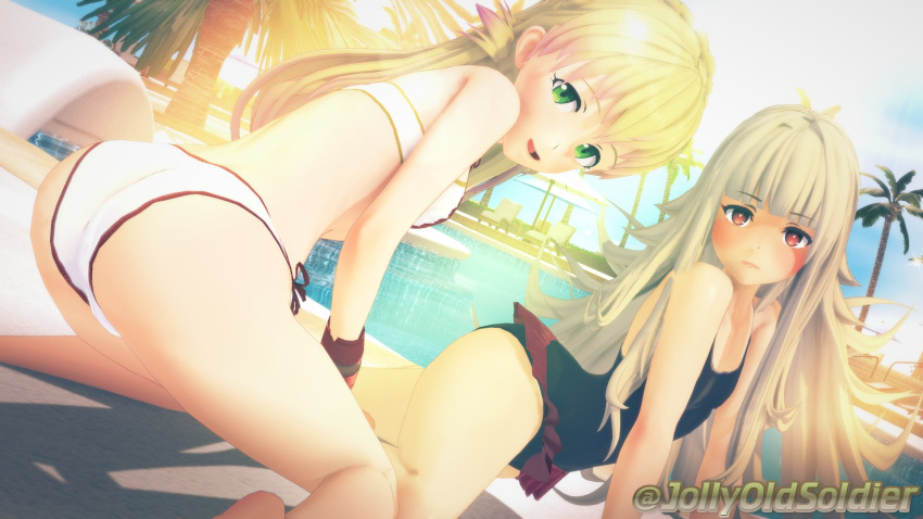 2girls 3d ass bangs bare_legs bare_thighs beach_chair beach_umbrella big_ass bikini black_one-piece_swimsuit black_swimsuit blonde_hair chair day female female_only fire_emblem fire_emblem_heroes flat_chest green_eyes grey_hair jollyoldsoldier legs long_hair looking_at_viewer looking_back multiple_girls nintendo on_side one-piece_swimsuit open_mouth outdoors palm_tree parasol pool red_eyes sharena_(fire_emblem) small_breasts smile swimsuit thighs tree umbrella veronica_(fire_emblem) very_long_hair water white_bikini white_swimsuit