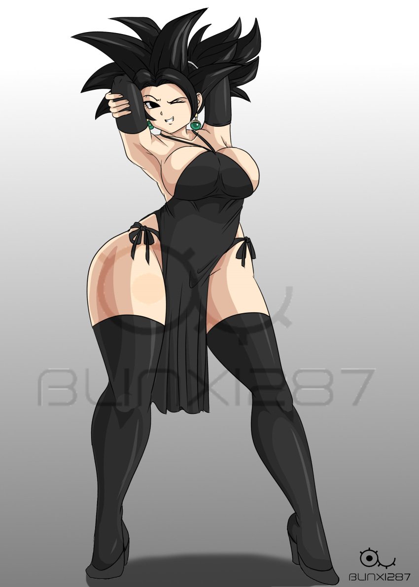 alien alien_girl alien_humanoid anime armpits arms_behind_head arms_up base_form_kefla big_breasts black_hair blinx1287 breasts dragon_ball dragon_ball_super earrings female female_only kefla kunoichi light-skinned_female light_skin looking_at_viewer manga potara_earrings solo solo_female solo_focus thick_thighs thighs