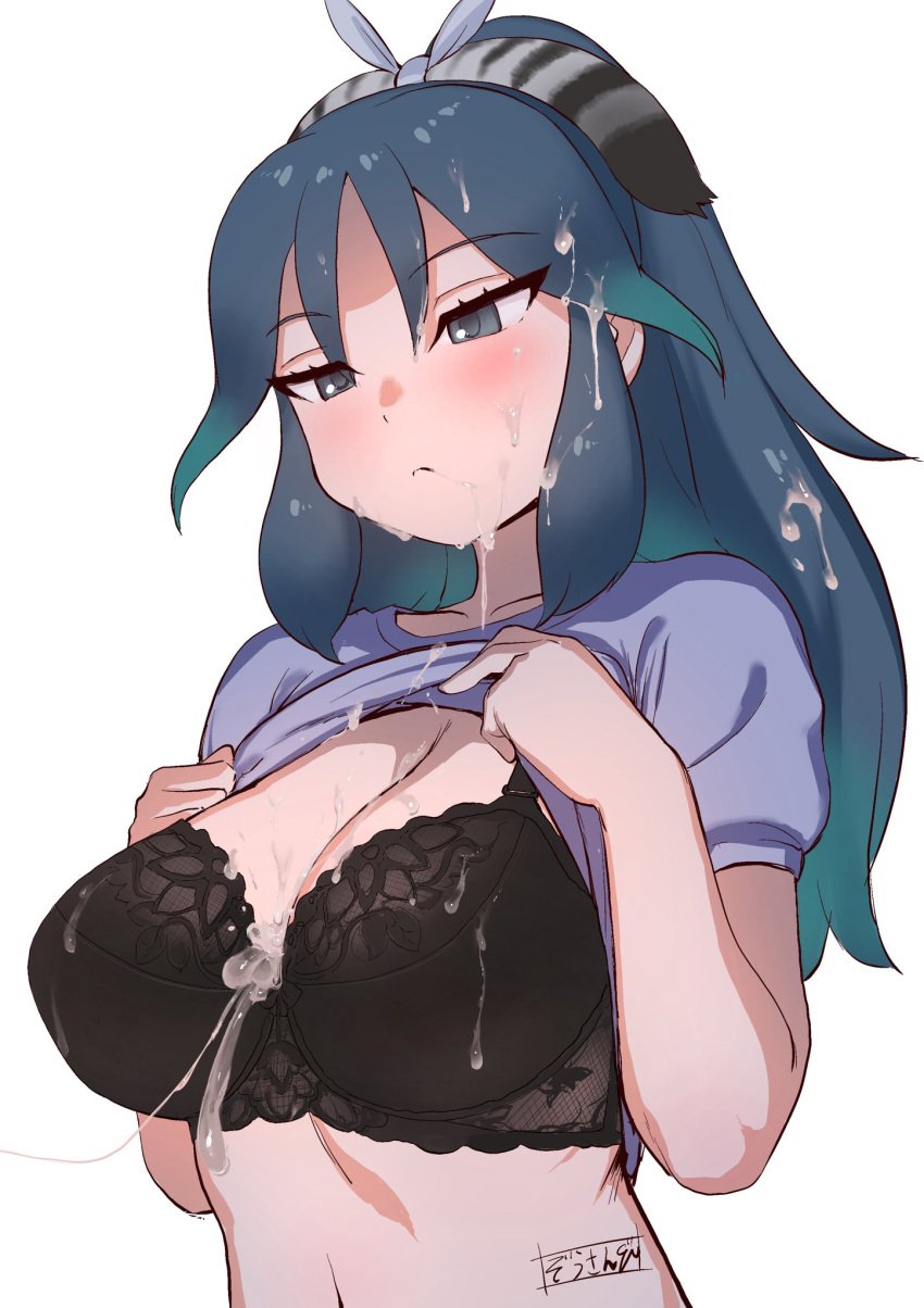 1girls aqua_hair black_bra black_clothes black_hair black_underwear blue_shirt blush bra breasts clothes_lift clothing cum cum_on_body cum_on_breasts cum_on_clothes cum_on_hair cum_string facial female female_only flashing frown gradient_hair green_hair grey_eyes hi_res high_resolution highres kako_(kemono_friends) kemono_friends kemono_friends_3 large_breasts lifted_by_self long_hair looking_at_viewer masuyama_ryou multicolored_hair ribbon shirt shirt_lift short_sleeves simple_background solo underwear upper_body white_background