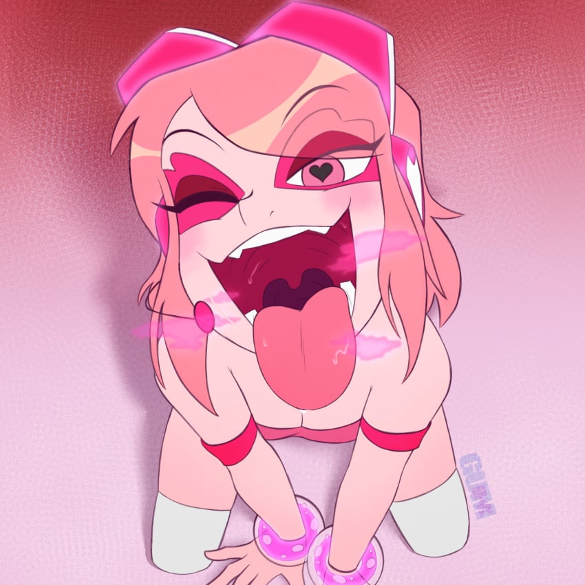 1girls bee-blues breath female_only kneeling mawshot miss_heed_(villainous) mouth_fetish mouth_open mouth_shot open_mouth oral_invitation presenting_mouth saliva solo throat tongue tongue_out uvula villainous wink