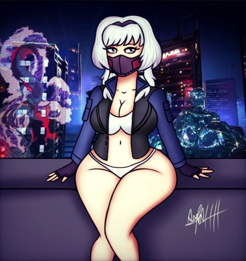 1girls angelindieart14 asian asian_female black_gloves black_vest blue_jacket call_of_duty_mobile chubby chubby_female city_background cod_mobile curvy curvy_female jacket jacket_open mouth_mask scylla_(cod) white_bikini white_bikini_top white_hair white_hair_female