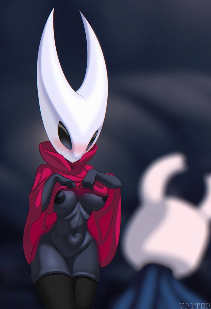 absurd_res ambiguous_gender anthro arthropod big_breasts black_eyes blush breasts cape cape_only clothing duo female female_focus flashing genitals hi_res hollow_knight horn hornet_(hollow_knight) insects legwear mostly_nude nipples no_bra no_panties non-mammal_breasts non-mammal_nipples protagonist_(hollow_knight) pussy robe_lift shirt_life skindentation solo_focus stockings team_cherry thick_thighs thighs up1ter vagina wide_hips