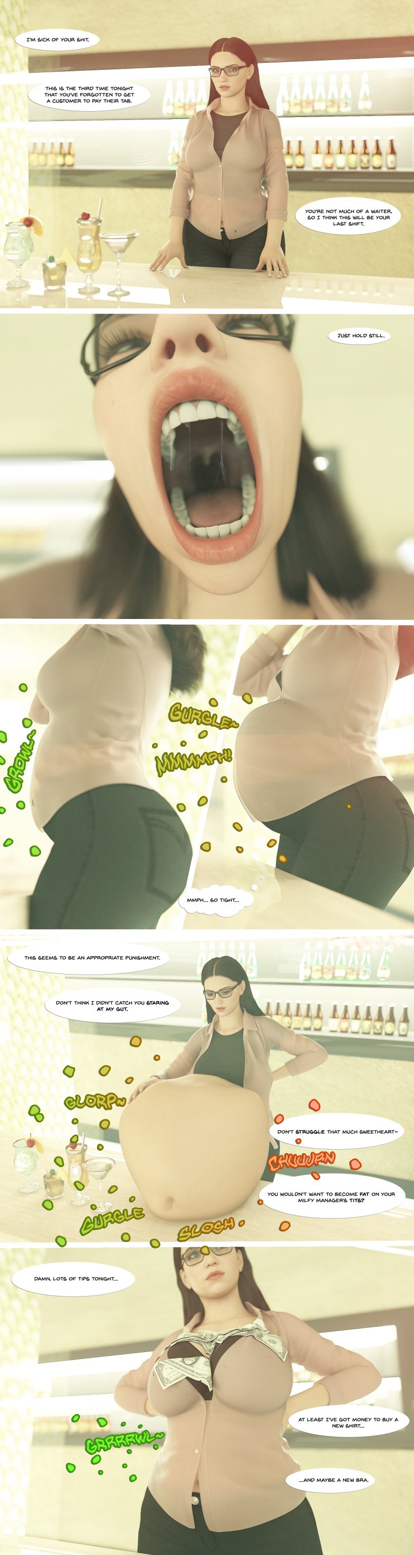 1girls 3d 3d_(artwork) ambiguous_prey belly belly_bulge big_belly big_belly_bulge big_breasts black_hair breast_expansion breasts digestion digestion_noises diskdata dollar_bills fatal fatal_vore female glasses light-skinned_female light_skin long_hair mawshot milf milf_pred money money_in_cleavage oral_vore post_vore pov pre_vore prey_pov soft_vore talking_to_prey talking_to_viewer vore vore_belly