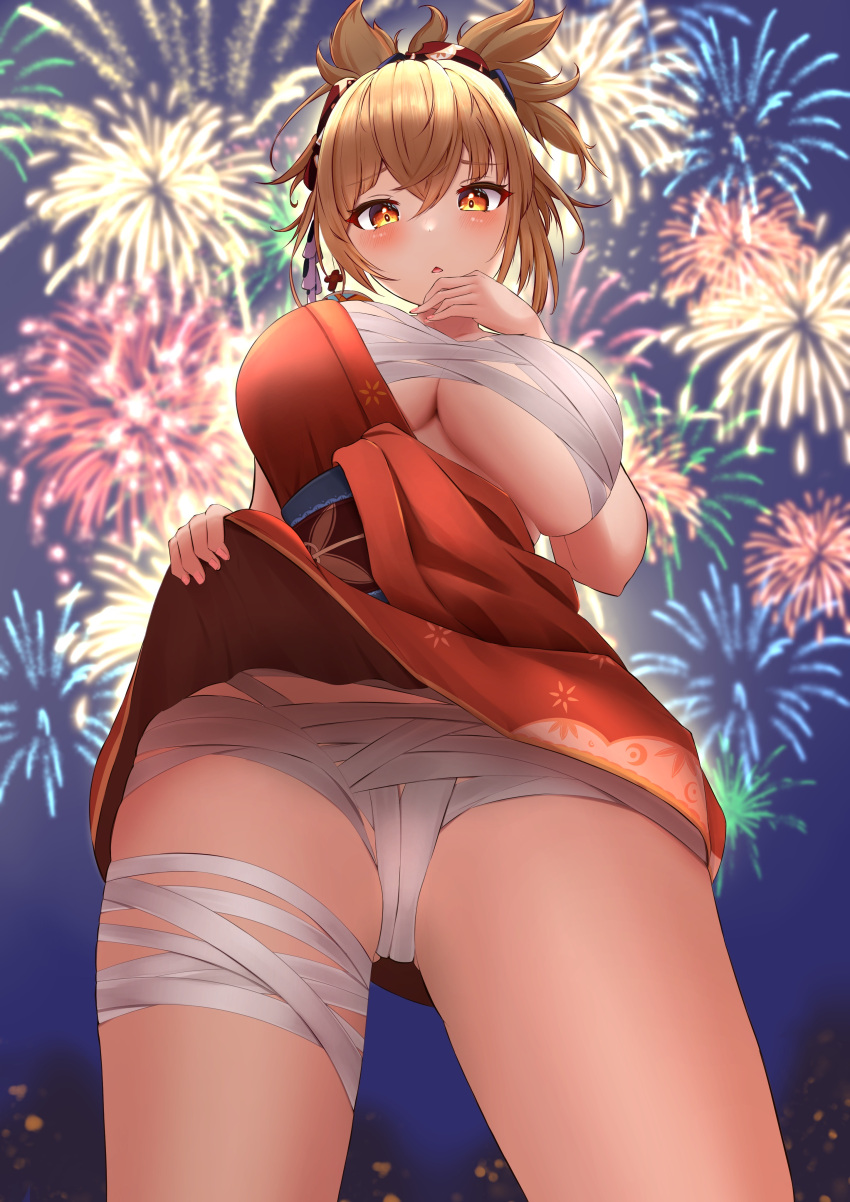 absurdres artist_request bandages blonde_hair blush breasts cleavage fireworks genshin_impact highres japanese_clothes jewelry kimono large_breasts looking_down open_mouth orange_kimono panties pantyshot ponytail source_request tagme tattoo thighs underboob underwear upskirt yellow_eyes yoimiya_(genshin_impact)