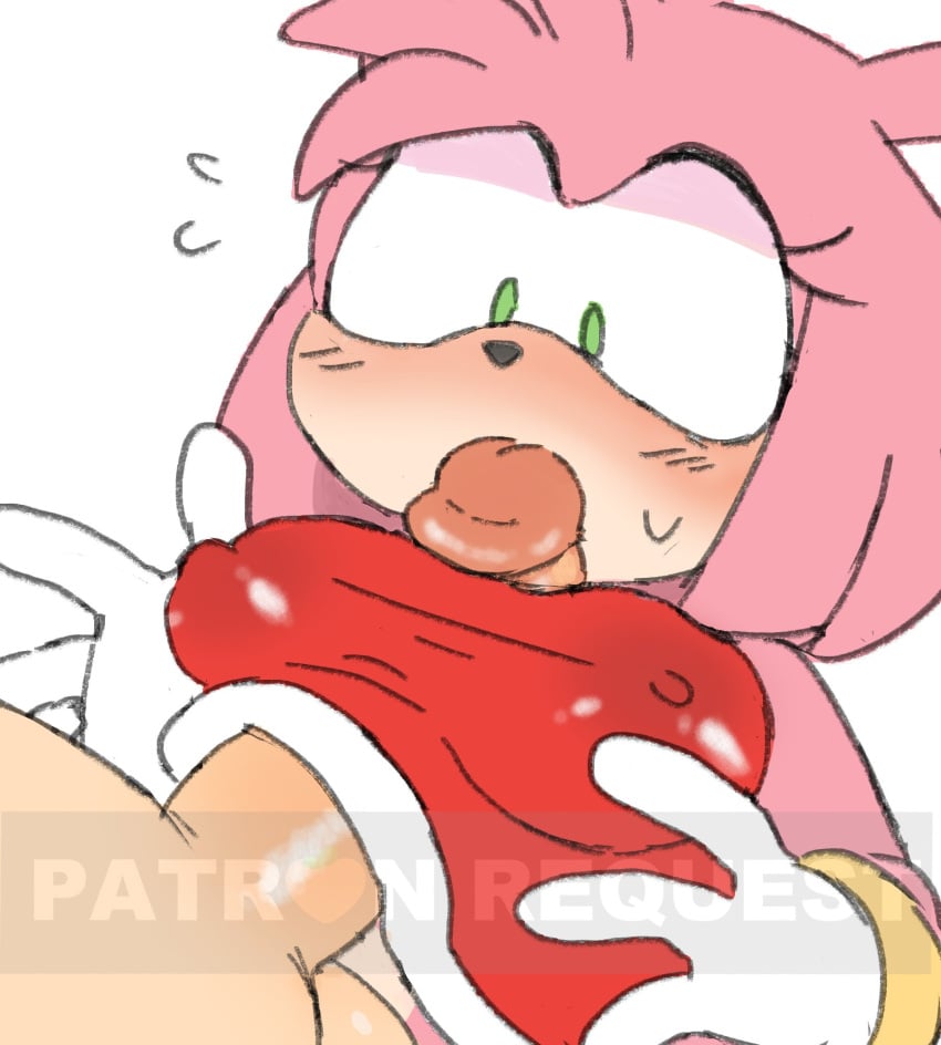 1boy 1girls 2023 2d amy_rose anthro asskoh blush boobjob breasts circumcised clothed color erect_nipples erect_nipples_under_clothes erection female female_focus gloves green_eyes hi_res human human_on_anthro humanoid humanoid_penis interspecies light-skinned_male looking_at_penis male male_pov medium_breasts nipple_bulge nipples nipples_visible_through_clothing paizuri paizuri_under_clothes partial_male penis pink_hair sega shaved_crotch simple_background smooth_penis sonic_(series) straight sweatdrop titjob toony white_background white_gloves