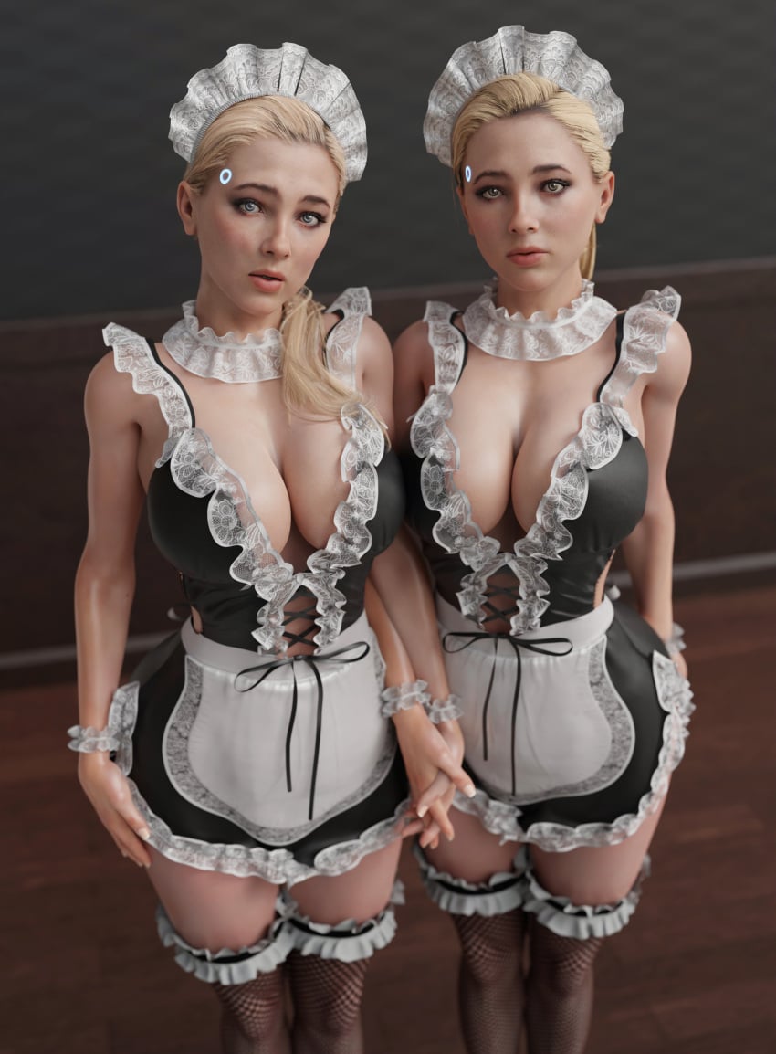 2girls 2robots 3d batesz blonde_hair boob_window chloe_(detroit:_become_human) clone clones detroit:_become_human female female_focus female_only gynoid handholding indoors light-skinned_female light_skin looking_at_viewer machine maid maid_uniform robot robot_girl selfcest sisters standing stockings