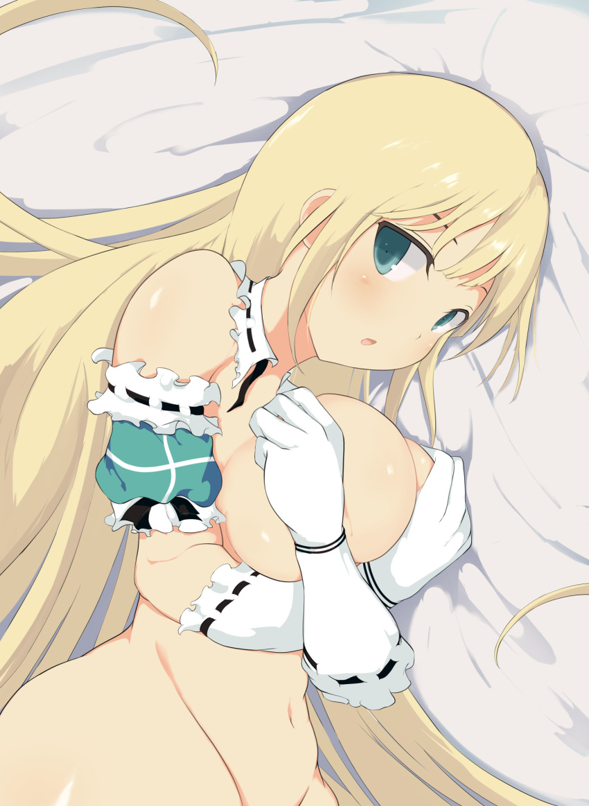 1girls 2023 ashino bed blonde_hair covering_breasts crossed_arms female frills gloves green_eyes large_breasts light-skinned_female light_skin looking_at_viewer lying lying_on_side marvelous midriff navel open_mouth senran_kagura side_view skindentation soll straight_hair thick_ass very_long_hair yomi_(senran_kagura)