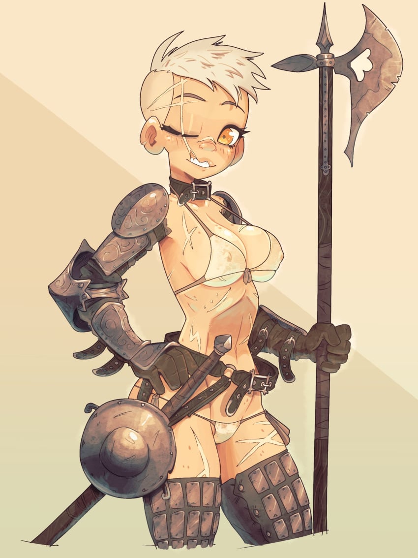 1girls armor axe blonde_hair brown_theme eyelashes female female_only fully_clothed holding_axe jack_cayless large_breasts medium_breasts one_eye_closed orange_eyes revealing_clothes scar skimpy_clothes solo standing sword tomboy unconvincing_armor very_short_hair white_bikini