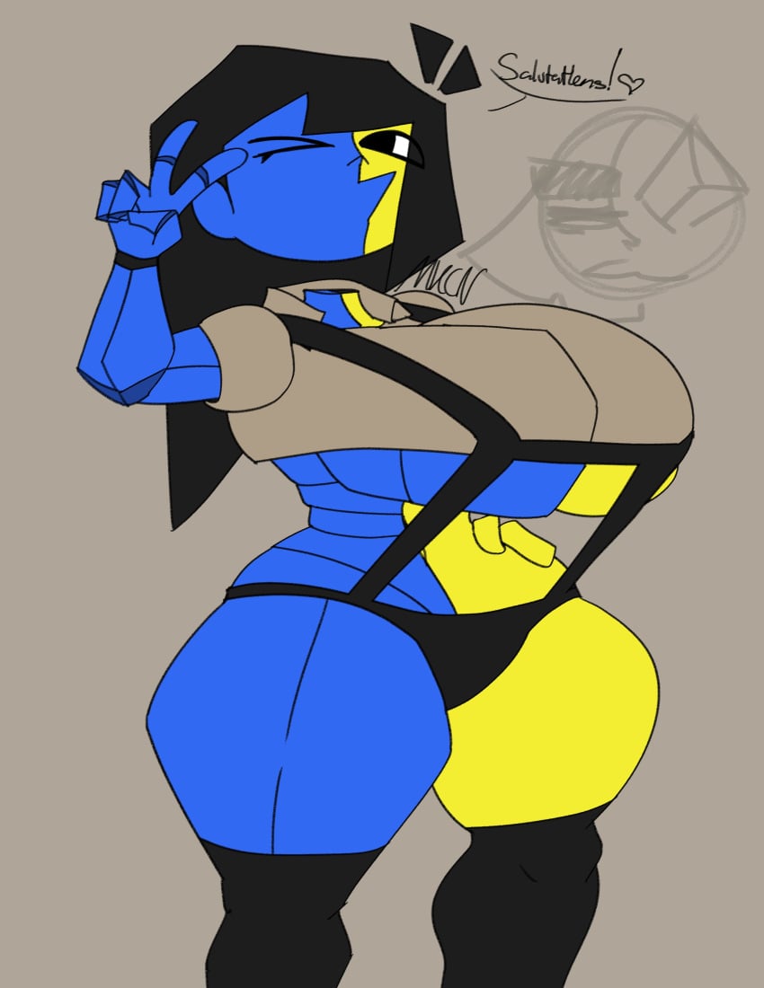 2girls big_breasts black_eyes black_hair black_panties blue_skin breasts cdk ena joel_g mechacarnis moony_(joel_g) newgrounds panties peace_sign polygonal smile suspenders thick thick_thighs thighs v wink yellow_skin