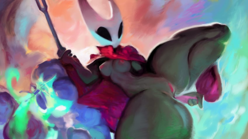 anthro arthropod black_body breasts cape cape_only clothing female genitals hi_res hollow_knight horn hornet_(hollow_knight) insects kheltari mostly_nude nipples non-mammal_breasts non-mammal_nipples one_leg_up pose pussy raised_leg solo team_cherry thick_thighs