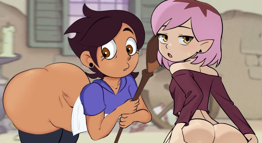 2girls amity_blight apple_butt ass ass_exposed asscheeks bare_ass bare_butt bent_over big_ass blush breasts buttocks dark-skinned_female dark_skin dat_ass disney disney_channel ear_piercing earrings female female_only huge_ass kath_hawkins lesbian_couple looking_at_ass luz_noceda magic_staff mangamaster multiple_girls no_panties owlbert panties_down pants_down presenting presenting_anus presenting_pussy purple_hair revcatxxx_(artist) shocked shocked_expression short_hair smooth_skin staff stockings sweating the_owl_house thick_ass worried worried_expression worried_face worried_look younger_female yuri