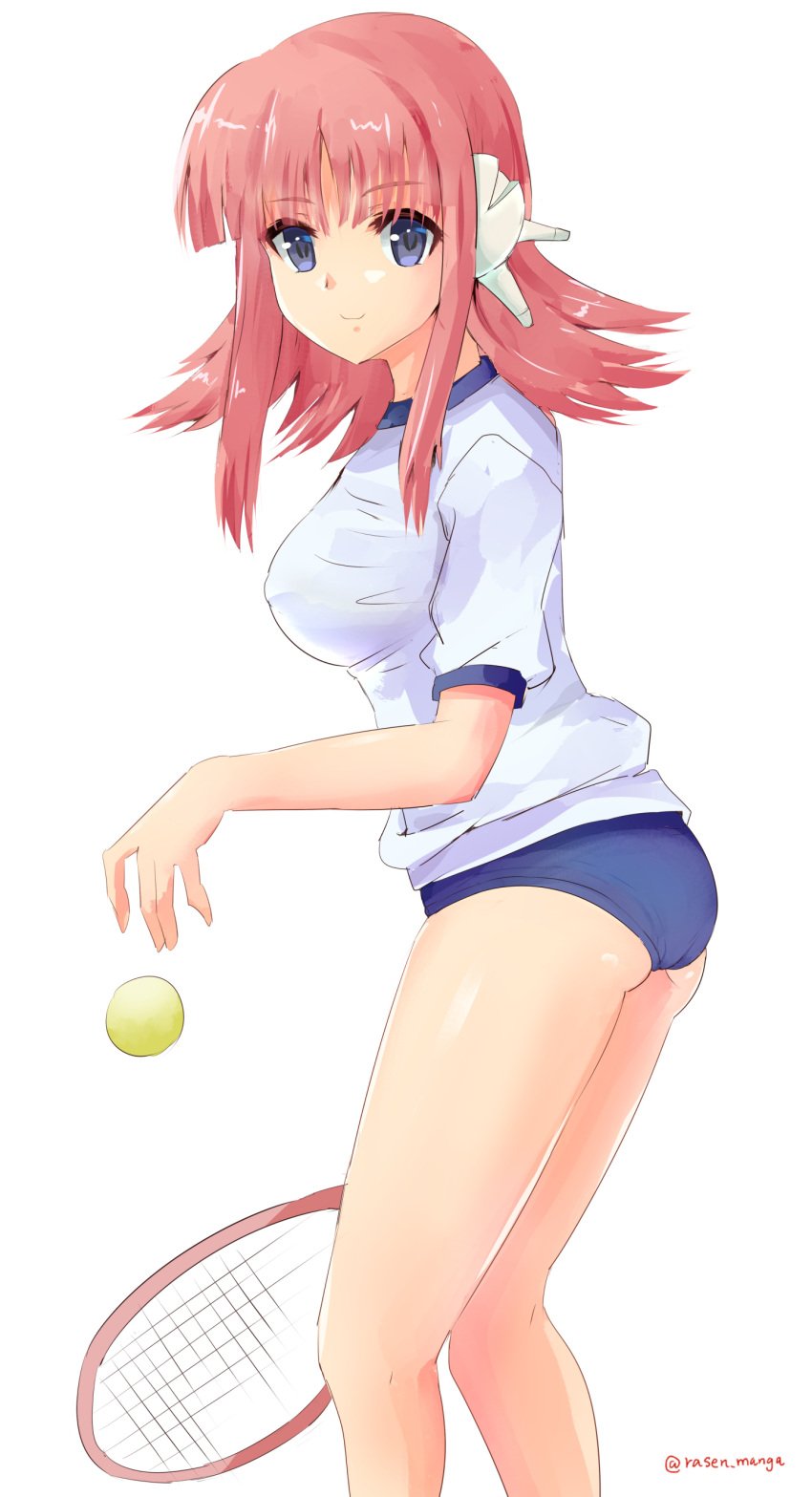 blue_eyes kouno_harumi long_hair mechabare medium_breasts milfa pink_hair rasen_manga robot robot_ears robot_girl robot_humanoid robotic_arms robotic_legs robotic_reveal short_pants spiked_hair sports_uniform tennis_ball tennis_racket tennis_uniform thick_thighs to_heart_(series) to_heart_2 to_heart_2_another_days