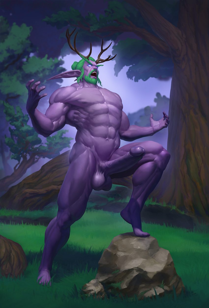 bara big_balls big_penis elf elf_ears forest glowing_eyes green_hair huge_balls huge_cock keyart male male_only muscles muscular muscular_male night_elf penis pointy_ears purple_skin solo solo_male warcraft world_of_warcraft