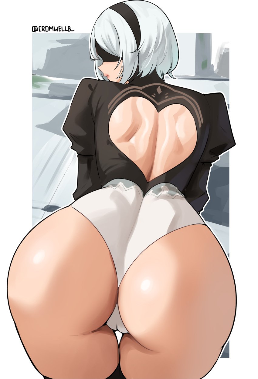 1girls android android_girl ass ass_focus breasts bubble_butt cromwellb dat_ass female hi_res highleg_leotard huge_ass leotard nier nier:_automata short_hair white_hair yorha_2b