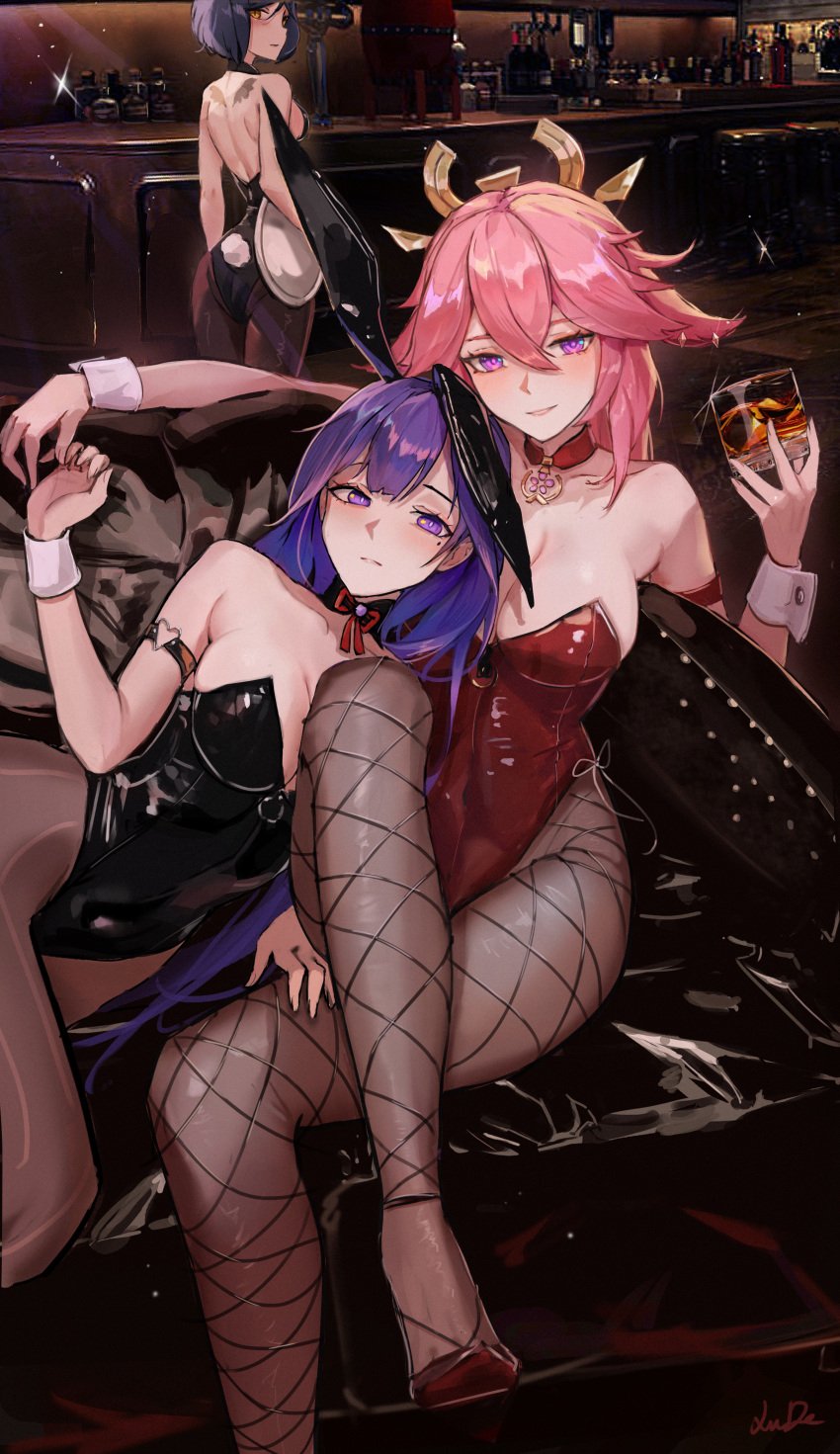 3girls alcohol artist_request breasts bunny_ears bunny_girl bunnysuit crossed_legs drink female female_only fishnet_legwear fishnets genshin_impact high_heels kujou_sara large_breasts leotard looking_at_viewer on_couch pantyhose playboy_bunny raiden_shogun shiny_pantyhose sitting skimpy skimpy_clothes xude yae_miko yuri