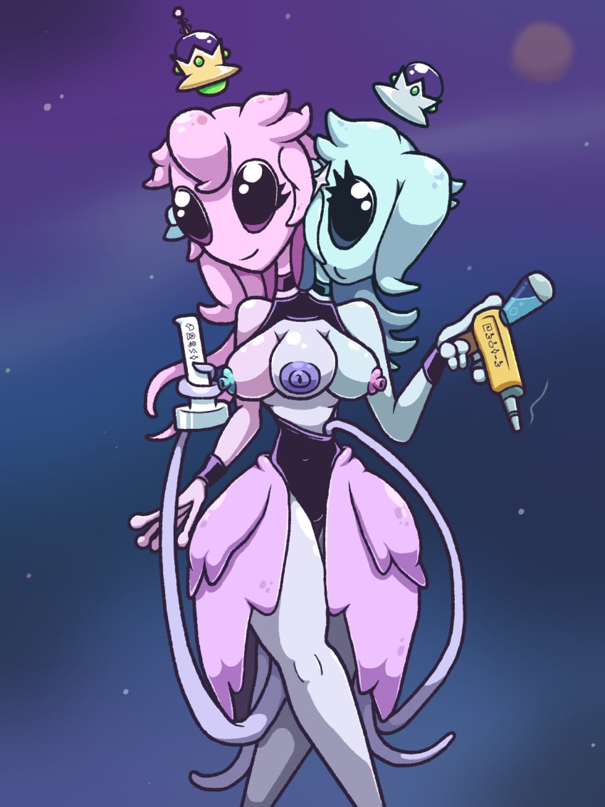 1girls 2_heads 2girls 3_breasts alien alien_girl alienese_text_(futurama) breasts chabble conjoined female fictional_language fusion mario_(series) multi_breast multi_head multiple_girls nipples post_transformation princess_peach princess_rosalina ray_gun smile space tentacle tentacle_hair text transformation