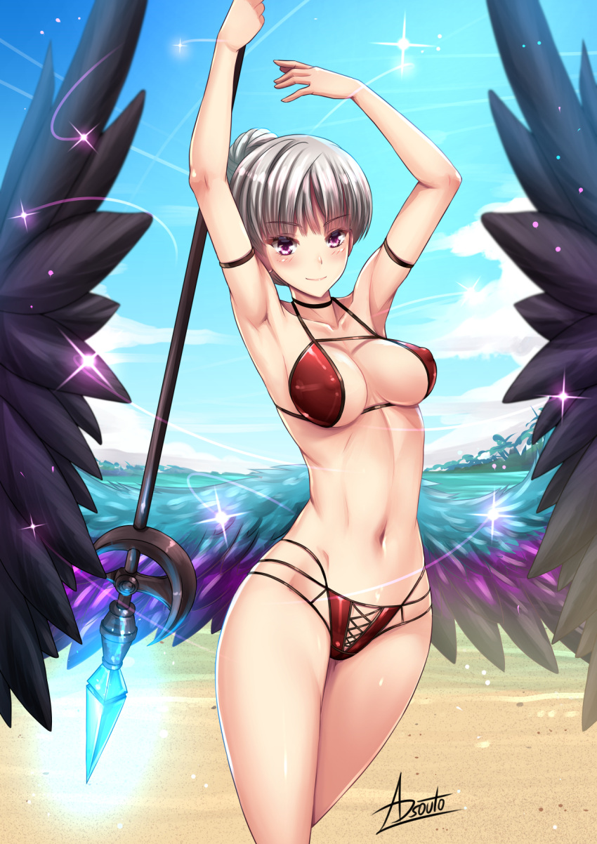 adsouto armband beach bikini blush cleavage female female_only gwendolyn_(odin_sphere) nipple_bulge odin_sphere princess red_bikini revealing_clothes skimpy_bikini skimpy_clothes spear swimsuit valkyrie winged_humanoid wings