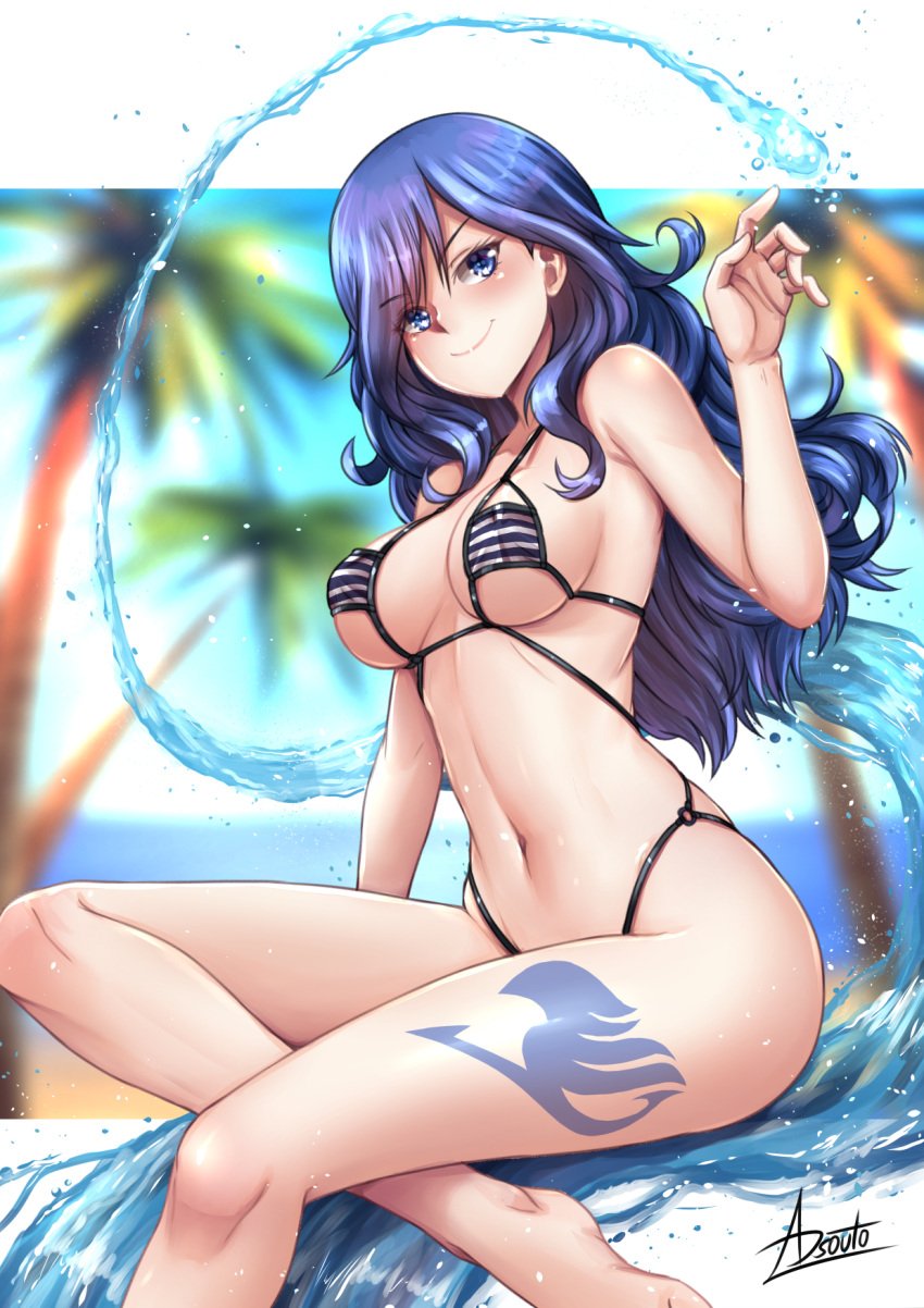 adsouto blue_hair fairy_tail female female_only hat juvia_lockser long_hair mage revealing_clothes skimpy_bikini skimpy_clothes skimpy_swimwear smiling swimsuit water water_manipulation