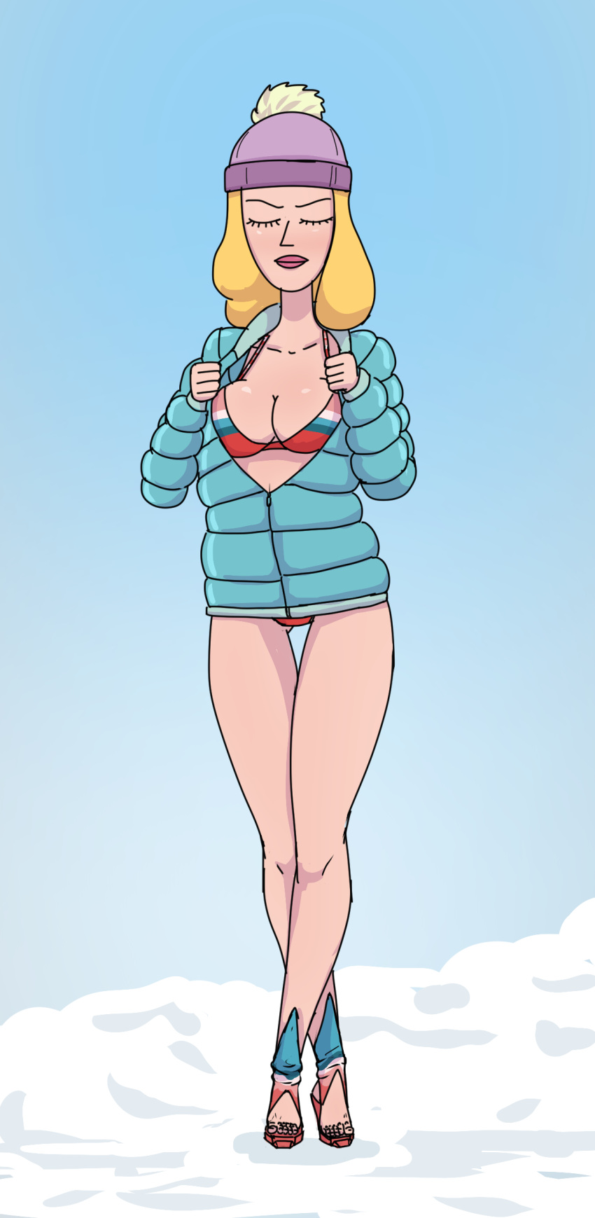 1girls 2d adult_swim background beth_smith bikini blonde_hair breasts cleavage closed_eyes diklonius down_jacket female female_only hi_res high_heels jacket mature_female milf rick_and_morty winter_hat