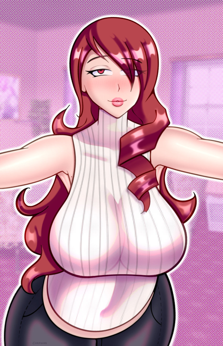 armpits bedroom_eyes big_breasts bimbo_lips carfound female_only hugging karfound mitsuru_kirijo pants persona persona_3 red_eyes red_hair solo solo_female sweater