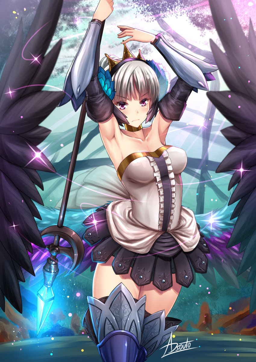 adsouto armored_boots armored_gloves dress gwendolyn_(odin_sphere) odin_sphere princess serious serious_look short_dress spear valkyrie winged_humanoid wings