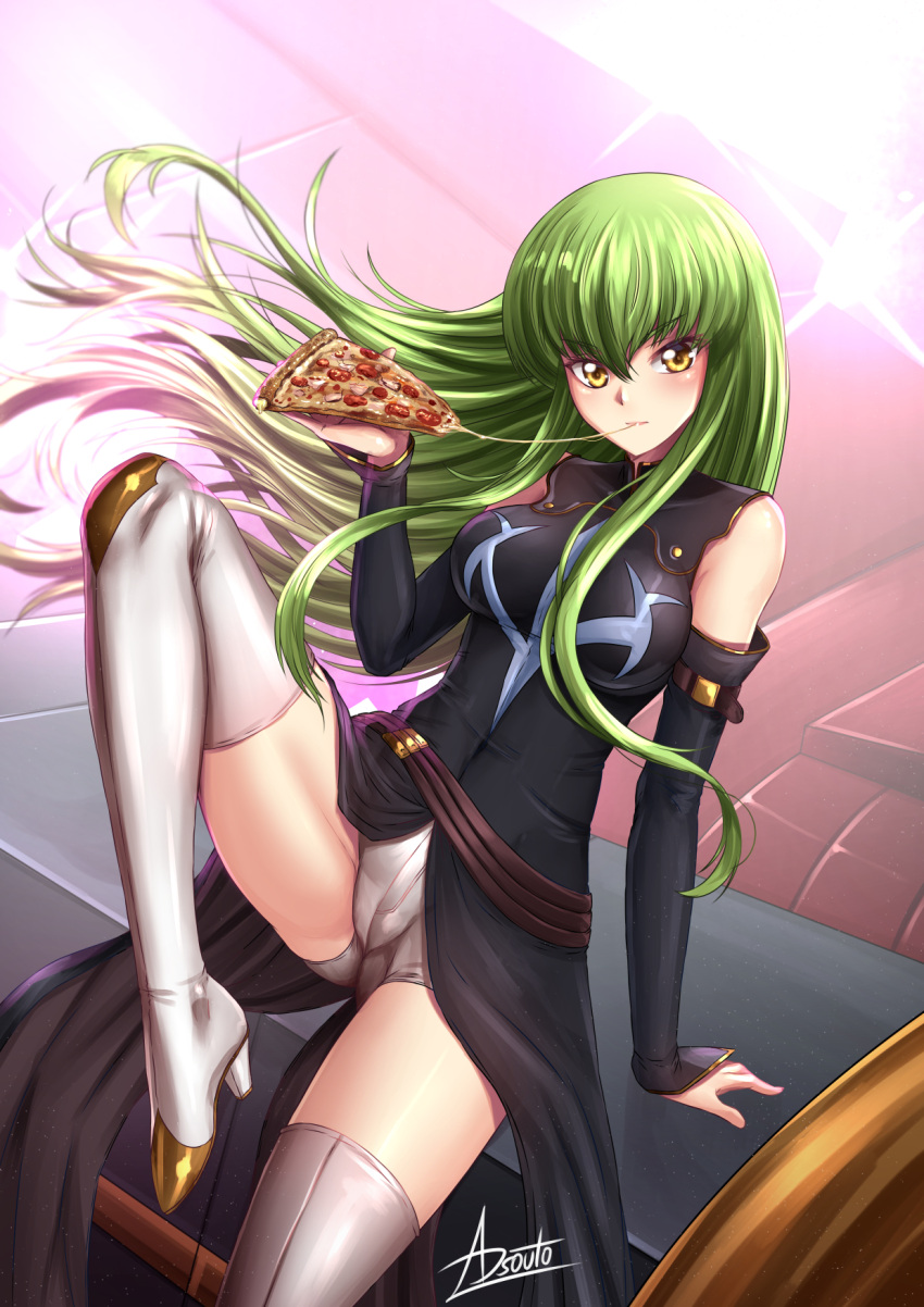 adsouto boots c.c. cameltoe code_geass dress eating_pizza female green_hair heel_boots long_hair looking_at_viewer pizza shorts thighhighs yellow_eyes