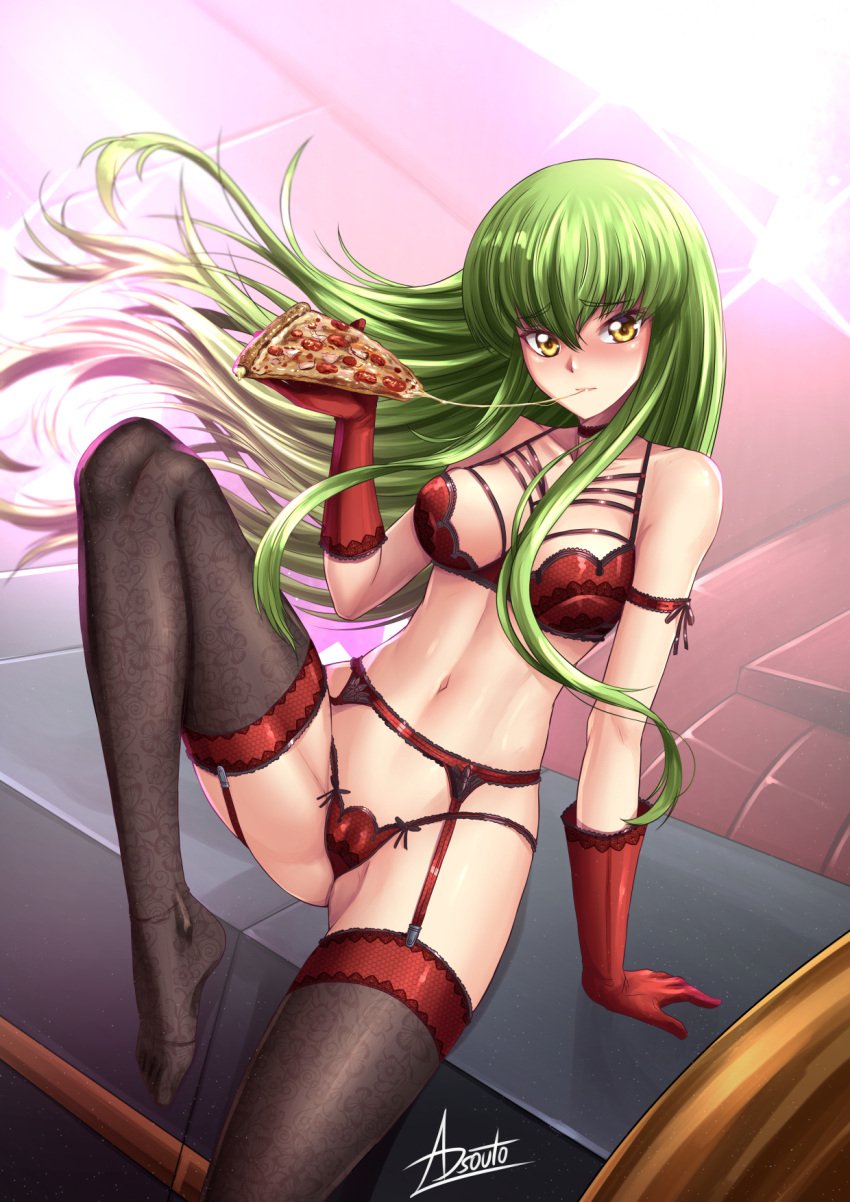 adsouto blush c.c. cameltoe code_geass eating_pizza female female_only green_hair lingerie lingerie_only long_hair looking_at_viewer pizza red_lingerie revealing_clothes skimpy_clothes stockings yellow_eyes