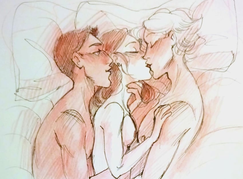 1girls 2boys 2boys1girl adrien_agreste aged_up cuddling embrace in_bed kissing marinette_cheng marinette_dupain-cheng miraculous_ladybug mmf_threesome nino_lahiffe nude_female nude_male sandwiched sinnian sketch threesome