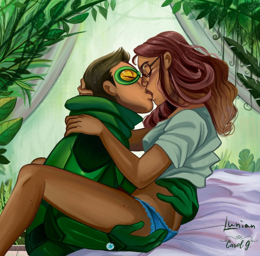 1boy 1girls alya_cesaire artist_name brown_hair canon_couple carapace_(miraculous) eye_mask glasses hand_on_butt in_bed kissing lace-trimmed_panties miraculous:_tales_of_ladybug_and_cat_noir miraculous_ladybug nino_lahiffe panties romantic_couple sinnian sleepwear straight superhero