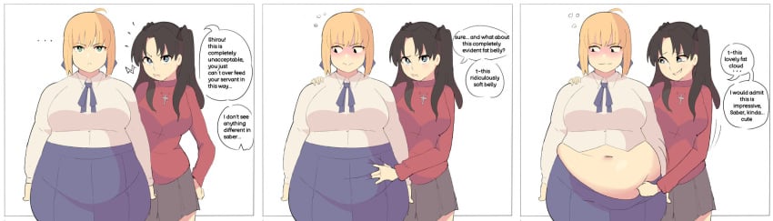 2girls artoria_pendragon bbw blonde_hair blue_eyes brown_hair chubby chubby_female clothed clothing duharu embarrassed english english_text fat fate/stay_night fate_(series) female female_only forced_presentation green_eyes groping in_denial long_hair napolitane navel no_agency offscreen_character overweight overweight_female plump potbelly saber speech_bubble text tohsaka_rin twintails undressing weight_conscious weight_gain yuri