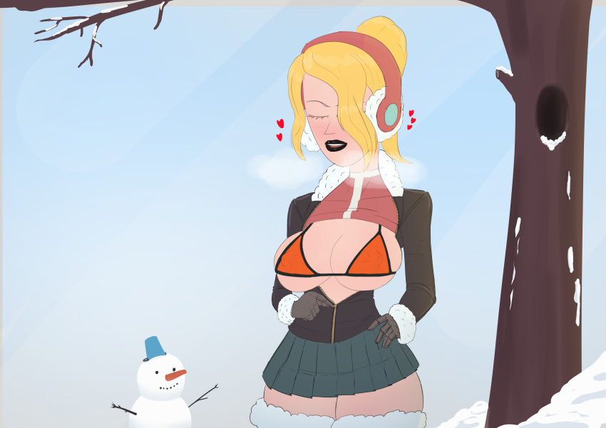 2d adult_swim areolae beth_smith black_lipstick blonde_hair breasts curvy diklonius female female_only girl headphones hi_res huge_breasts rick_and_morty skirt snowman thick_thighs winter winter_clothes