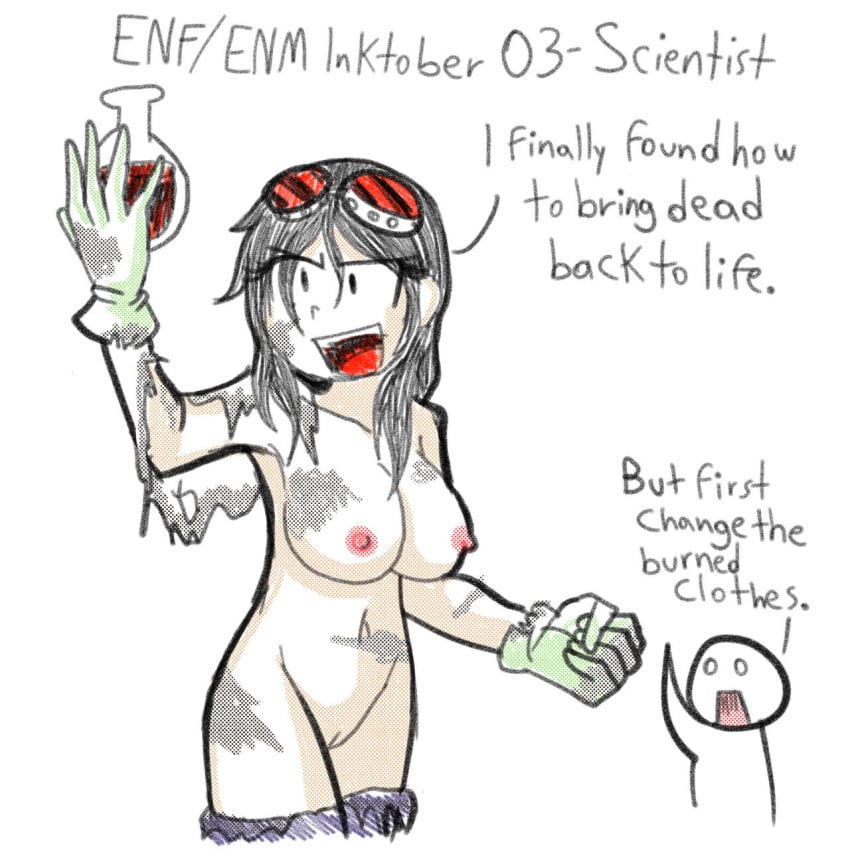 1boy 1girls breasts dissolving_clothes goggles goggles_on_head inktober inktober_2021 lab_coat long_hair nairod103098 navel nude nude_female potion scientist scientist_(nairod103098)