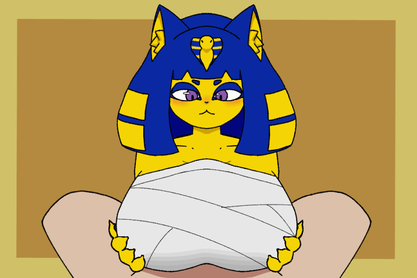 2d_animation 3:2 animal_crossing animated ankha ankha_(animal_crossing) anthro big_breasts blue_hair breasts clothed_paizuri clothing digital_media_(artwork) domestic_cat duo felid feline felis female fur gloomylemon hair male male/female mammal nintendo paizuri short_playtime simple_background yellow_body