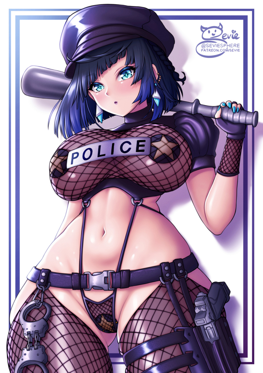 1girls blue_hair breasts eyeshadow female female_only fingerless_gloves fishnet_legwear fishnet_pantyhose fishnet_topwear fishnets french_nails genshin_impact gloves green_eyes gun handcuffs hat huge_breasts long_fingernails long_nails midriff nail_polish nipples painted_fingernails painted_nails pasties police police_baton police_uniform policewoman revealing_clothes see-through see-through_clothing sevie short_hair skimpy_clothes sticker stockings thick_thighs uniform weapon wide_hips yelan_(genshin_impact)