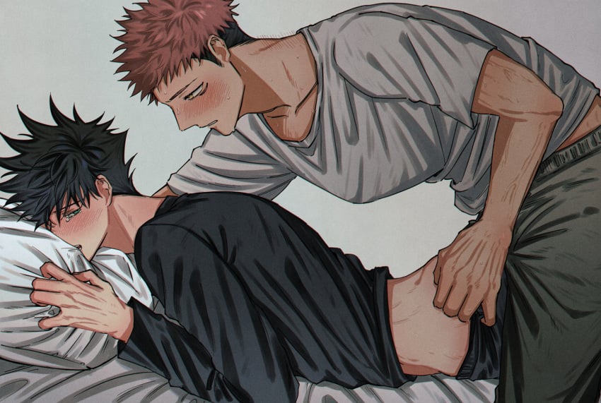 2boys ass being_undressed blush blush_lines face_down face_in_pillow fushiguro_megumi fushirun_rung gay imminent_anal imminent_sex itadori_yuuji jujutsu_kaisen lying_on_stomach male male/male male_only on_stomach pink_hair pulling_down_pants two_tone_hair undressing yaoi