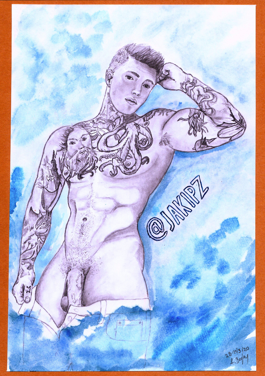 big_penis dick_slip hand_drawn jake_"jakipz"_andrich male male_only muscles muscular muscular_male naked naked_male onlyfans_model pencil_(artwork) pencil_sketch real_person sketches_by_adab tattooed_arm tattooed_chest tattooed_male undressing veiny_penis