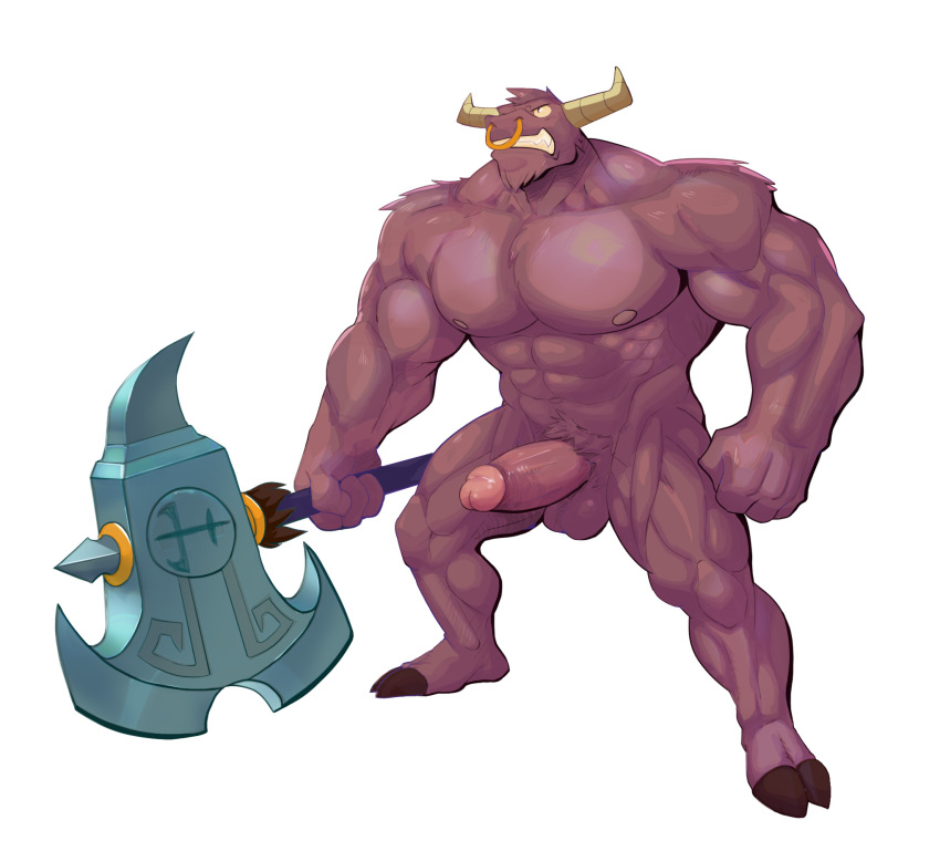 2_horns abs anthro anthro_only axe balls boner bovid bovine cattle demon_bull_king erection facial_piercing furry genitals hi_res holding_axe holding_object holding_weapon hooves horn humanoid_genitalia humanoid_penis lego_monkie_kid male male_only mammal muscular muscular_anthro muscular_male nose_piercing nude peapeafur pecs penis piercing purple_balls purple_body purple_penis simple_background solo solo_male weapon white_background