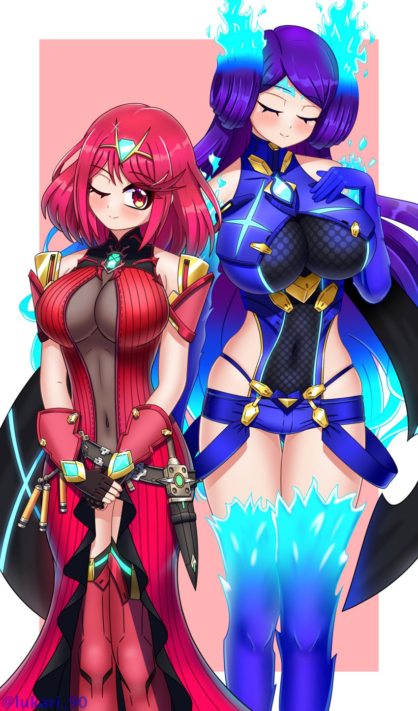 2girls absurd_res big_breasts black_gloves breasts brighid_(xenoblade) chest_jewel closed_eyes core_crystal cosplay costume_switch curvy earrings female female_only fiery_hair fingerless_gloves gloves high_res jewelry long_hair lukari multiple_girls nintendo palette_swap purple_hair pyra_(xenoblade) red_eyes red_hair short_hair short_shorts shorts stockings swept_bangs tiara very_long_hair xenoblade_(series) xenoblade_chronicles_2