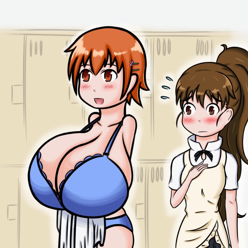 2girls alternate_breast_size big_breasts bra breast_envy brown_hair changing_room female female_only huge_breasts inami_mahiru long_hair multiple_girls orange_hair panties ponytail short_hair tagme taneshima_popura tokidokisuiyobi underwear working!!