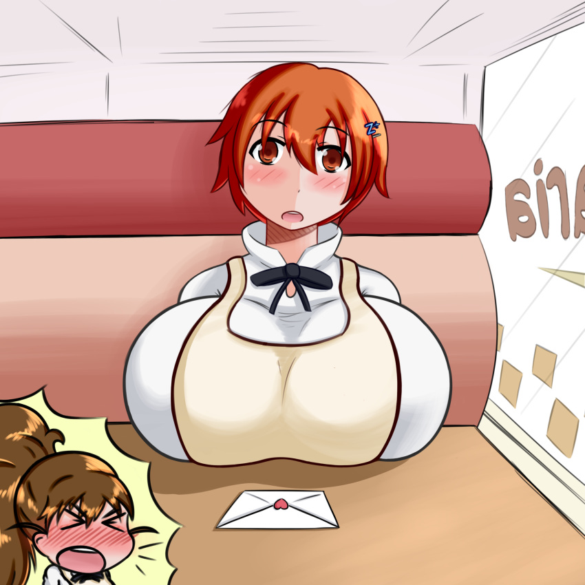 2girls alternate_breast_size big_breasts brown_hair female female_only huge_breasts hyper_breasts inami_mahiru long_hair multiple_girls orange_hair ponytail short_hair taneshima_popura tight_clothing tokidokisuiyobi working!!