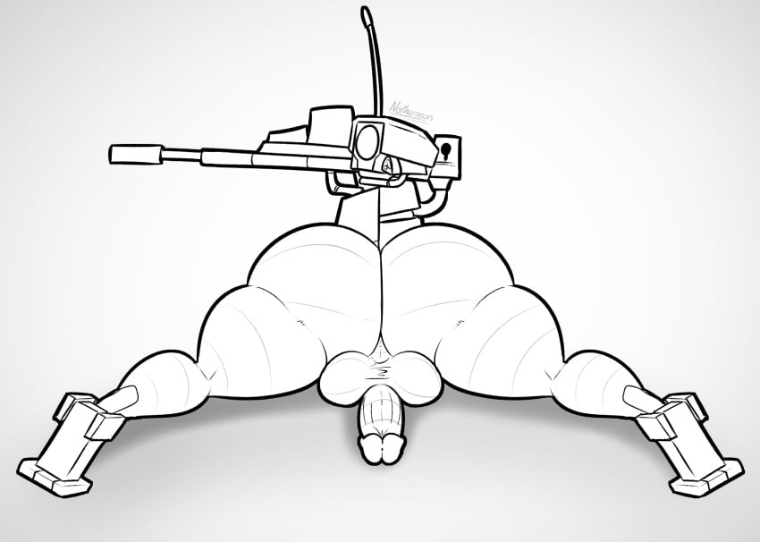 1_eye 2023 animate_inanimate antennae_(anatomy) ass balls big_butt biped digital_drawing_(artwork) digital_media_(artwork) erection genitals gun head_cannon hi_res humanoid humanoid_genitalia humanoid_penis living_gun living_machine living_ranged_weapon living_weapon looking_at_viewer looking_back machine male monochrome notherneon penis perineum presenting presenting_hindquarters ranged_weapon robot sentry_(ultrakill) simple_background solo solo_male thick_thighs toeless_feet ultrakill weapon white_background