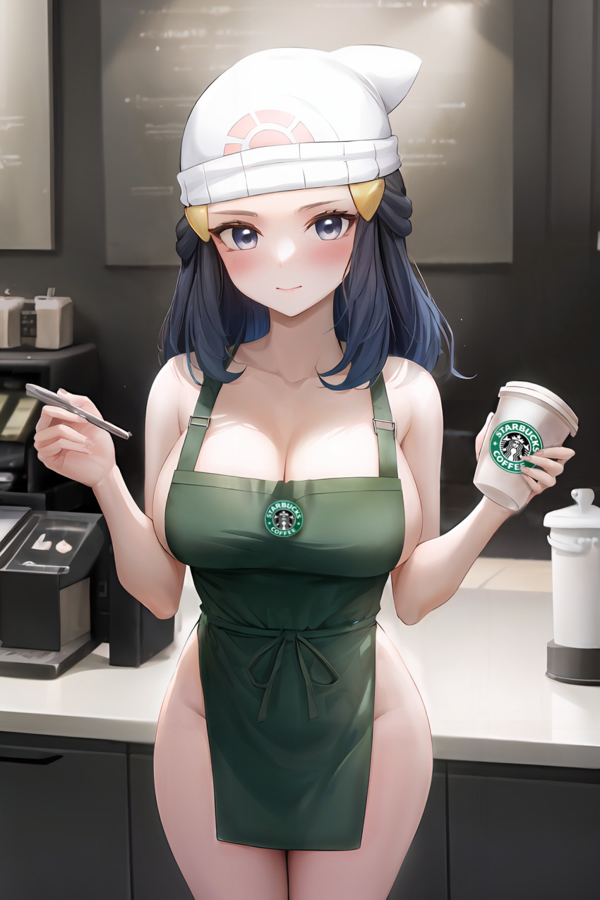 ai_generated apron_only blue_eyes blue_hair blush breasts coffee coffee_cup coffee_machine coffee_shop completely_nude dawn_(pokemon) hat iced_latte_with_breast_milk long_hair naked naked_apron pokemon pokemon_dppt smile standing starbucks